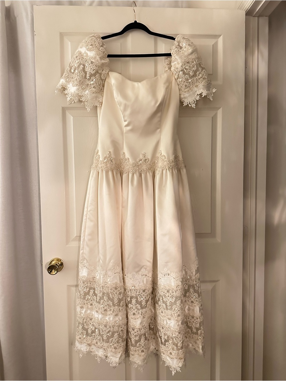 Priscilla of Boston Ivory Satin Midi Dress with Lace Trim